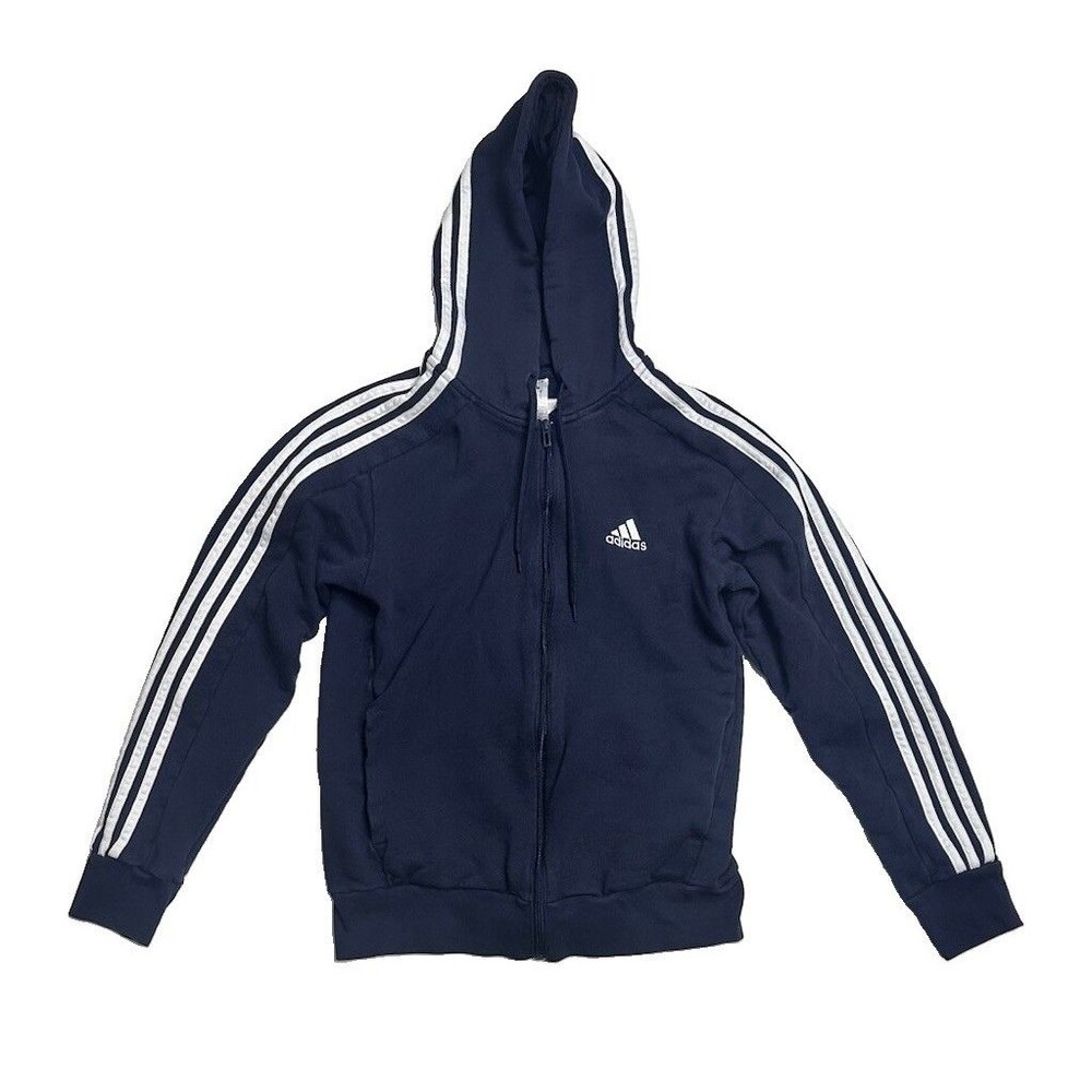 Adidas Men’s 3 Stripe Full Zip Hoodie Navy Blue White Size Small